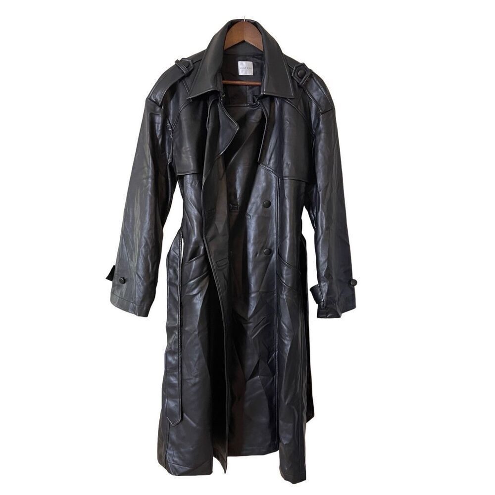 Anine Bing Womens Medium Vegan Leather Trench Coat Black Belted Waist Buttons